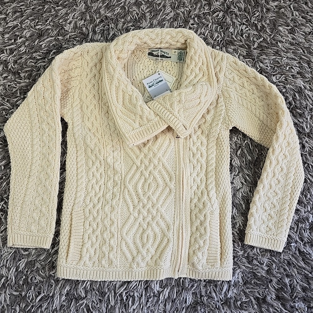 Aran Crafts Ireland 100% Merino Wool Cable Knit Side Zip Cardigan Sweater Sz S